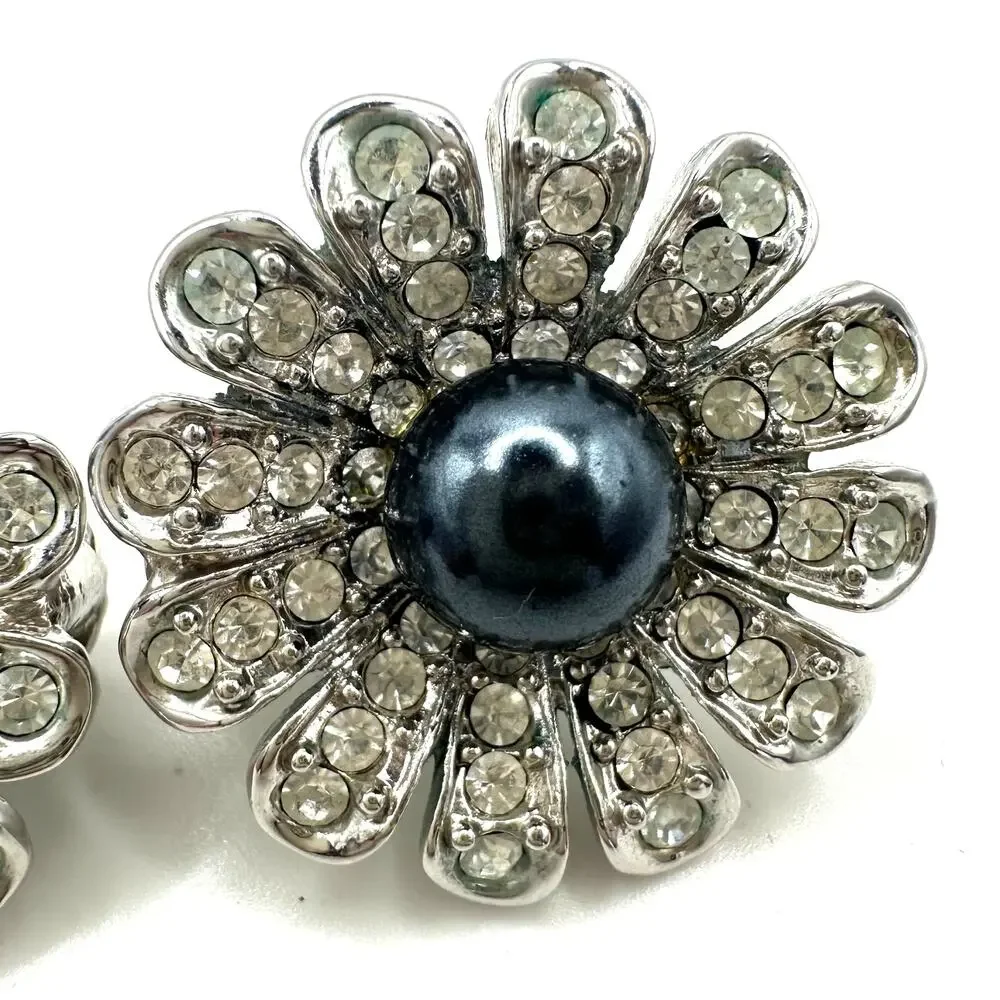 St. John vintage silver tone rhinestones faux black pearl clip on earrings